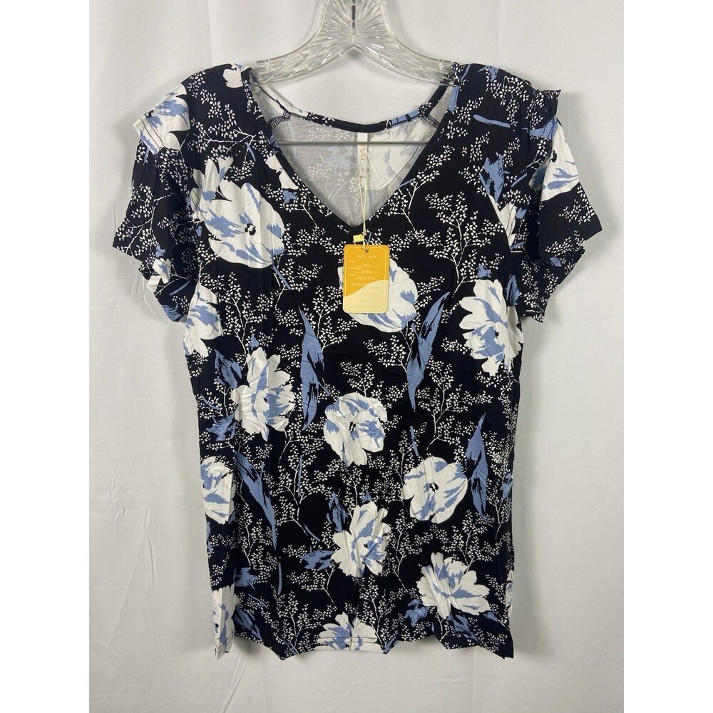 YVH Women’s Short Flutter Sleeve Sz M Top V Neck Rayon Spandex Floral Stretch